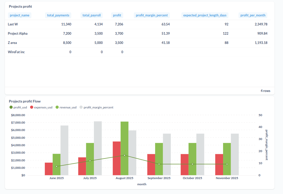 Monthly performance dashboard with revenue trends, expense breakdown, and net profit